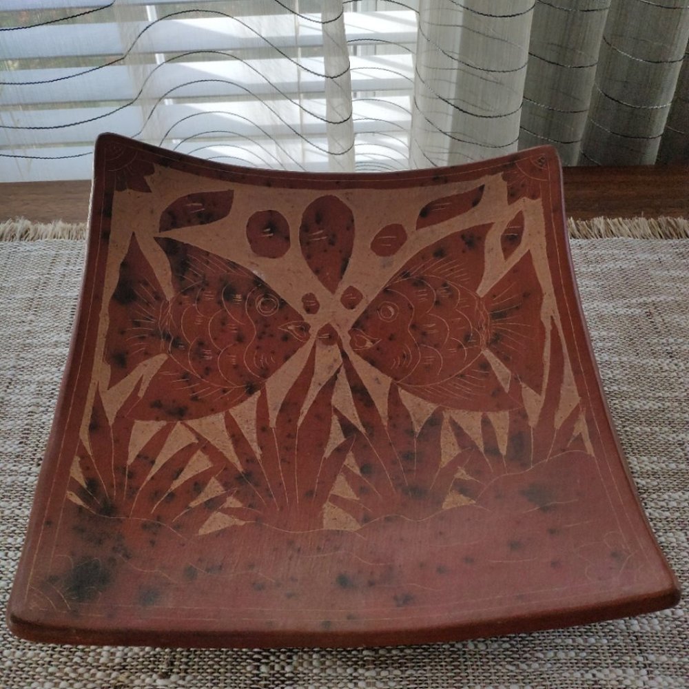 Terracotta Large Bowl Etched Carved Clay Angelfish VTG Decorative Plate 11"